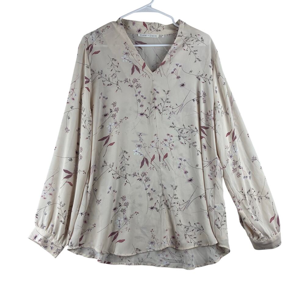 Violet + Claire Long Sleeve Tunic Blouse Women's XL Floral Ivory V Neck Feminine